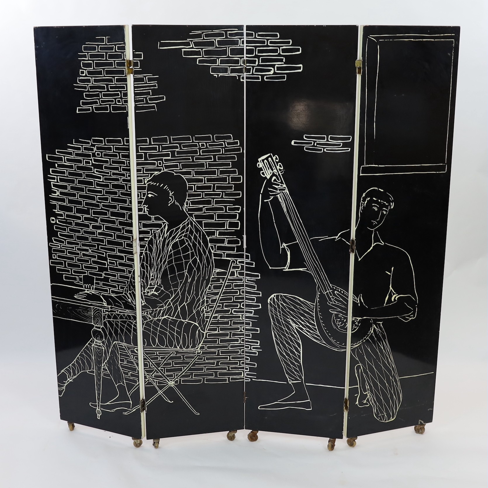 Piero Fornasetti (Italian, 1913-1988) - ‘’Citta Che Si Rispecchia’’ [City that reflects itself] four panel screen width of each section 50cm height without castors 200cm